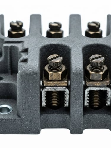 Crisp macro product photography of a heavy-duty porcelain terminal block, technical studio lighting, high contrast, clean white background