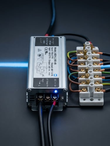 Straight-on studio product shot of a high-efficiency LED driver and porcelain terminal blocks, clean charcoal background, sharp blue accent lighting