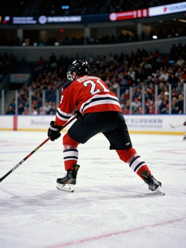 Action-packed ice hockey game close-up, sharp focus on a player skating at high speed, ice spraying, dramatic stadium lighting, authentic colors, 35mm photography