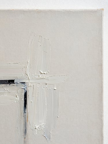 Detailed close-up of a contemporary abstract painting on canvas, showing thick impasto brushstrokes, fine fabric grain, and natural light catching the physical texture.