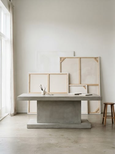 Straight-on architectural view of a minimalist, sun-drenched artist studio with white walls, a single concrete table, and large canvas frames resting against the wall, neutral diffused gallery lighting.