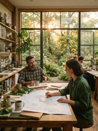 Warm editorial photography of a professional ecological design studio office, large windows overlooking a lush native Georgia garden, golden-hour sunlight filtering through oak leaves, 35mm.
