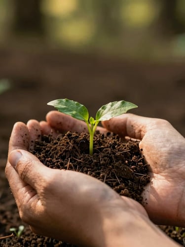 An intimate, warm-toned close-up of rich Georgia soil being held in hands, with delicate green native sprouts emerging, soft dappled sunlight highlighting the texture.