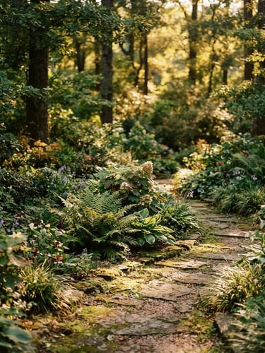 Warm editorial photography of a lush, multi-layered native garden in Lilburn, Georgia, with stone pathways dappled in warm golden-hour sunlight, shallow depth of field, 35mm