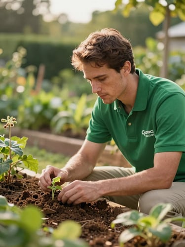 A professional ecological designer in a branded green shirt examining native soil and plants in a lush garden, warm natural light, shallow depth of field