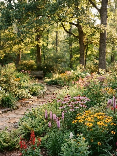 A wide-angle editorial shot of a lush, multi-layered native garden in Georgia, featuring vibrant wildflowers, textured shrubs, and soft golden-hour sunlight filtering through a mature canopy.