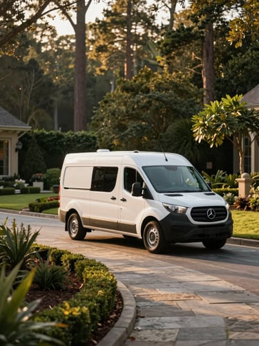 A clean, branded service vehicle parked neatly beside a stone pathway of a beautifully landscaped Georgia estate, golden hour light