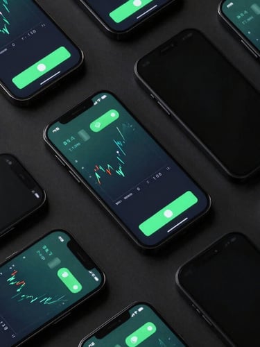 Top-down flat lay of multiple smartphones running battery stress tests side-by-side, glowing screens showing performance graphs, high-contrast studio lighting, dark background