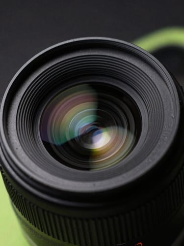 Sharp close-up macro shot of smartphone camera lenses, high-contrast studio lighting, dark background with subtle neon green accents, macro lens, 50mm
