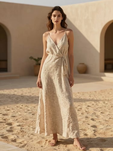 An elegant model wearing a fluid linen dress, standing in a sun-drenched minimalist courtyard with soft shadows, warm sand tones, golden-hour light
