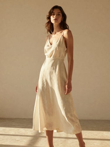 A model in natural motion wearing a fluid cream-colored dress, standing in a sun-drenched minimalist high-ceilinged interior, warm golden-hour light highlighting fabric texture and drape, medium-long shot, 35mm