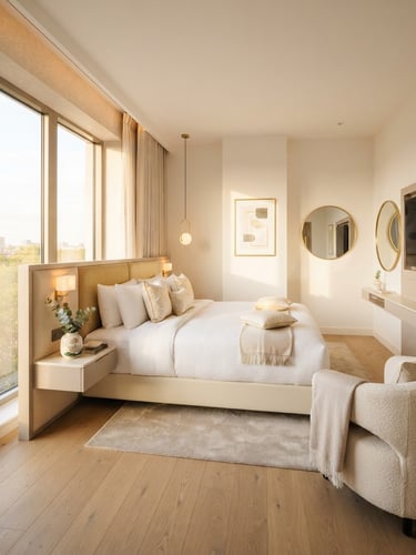 Bright modern guest room at Hotel Lotus Palace, crisp white linens on a king bed, warm natural sunlight streaming from a large window, soft gold accents.
