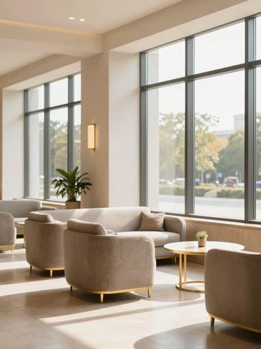 A bright, clean hotel lobby sitting area with warm natural daylight streaming through large windows, modern minimalist furniture with soft gold accents.