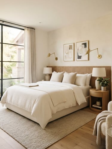 Warm editorial hospitality photography of a bright guest room with crisp white linens, natural window light, and soft gold tones.