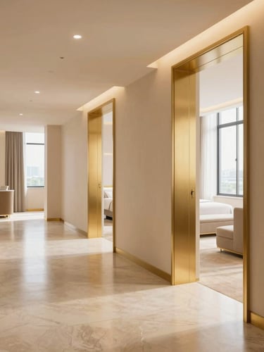 Bright, modern hotel corridor with soft warm lighting, polished floors, and elegant gold-trimmed doors leading to premium rooms