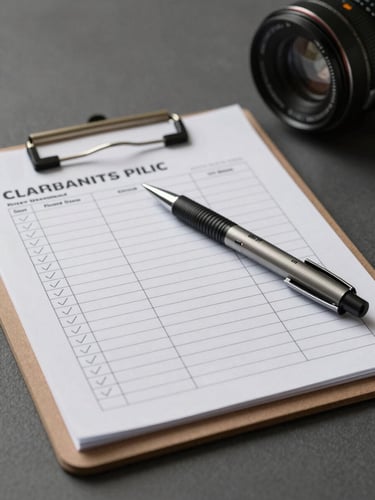 Close-up of a professional clipboard with a structured cleaning checklist, INEA-branded pen resting on the form, neutral studio lighting, sharp focus on the printed grid and handwritten checkmarks, anthracite surface below