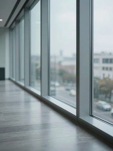 Close-up of a freshly cleaned floor-to-ceiling office window, right-side framing, water marks absent, glass surface catching cool neutral daylight, professional building interior visible softly reflected, no people present