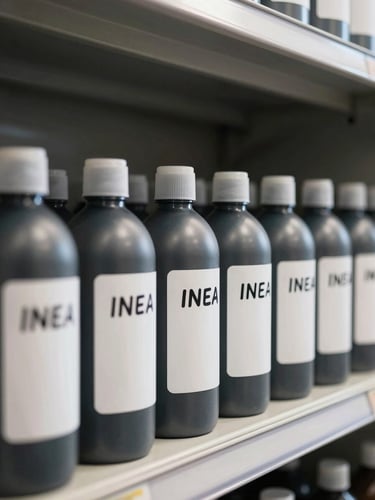 Close-up of labeled cleaning equipment bottles arranged in a straight row on a shelf, each with handwritten INEA labels, sharp natural sidelight revealing the order and uniformity, anthracite storage unit background, no people