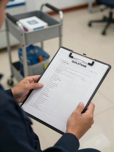 Close-up of a uniformed INEA worker's hands holding an open quality-control clipboard with a printed checklist, a labeled cleaning equipment trolley visible behind on a polished office floor, neutral indoor daylight, sharp focus on the documentation