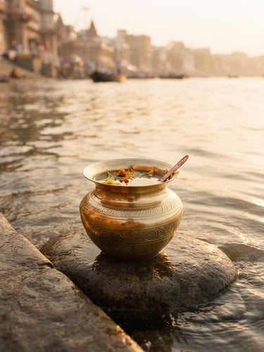 Gleaming brass lota filled with pure Ganga Jal, placed on a smooth, clean stone beside the gently flowing Ganges river at golden hour, soft morning light reflecting on the water, shallow depth of field.