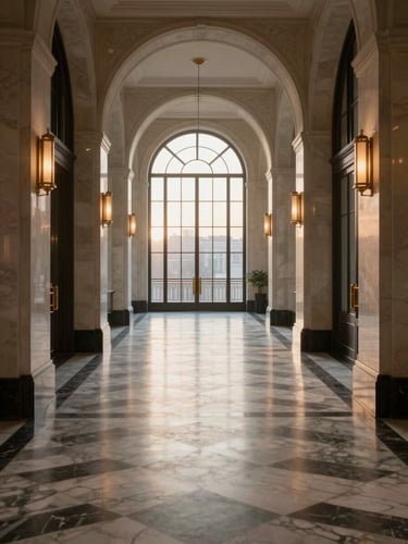 Wide interior corridor of a premium hotel photographed at dawn, geometric marble floor tiles receding toward large arched windows at the far end, soft north light falling across the empty hallway, polished brass fixtures catching the early light, no guests, no staff, architectural precision in every detail