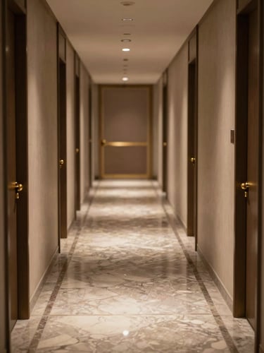 Vertical close-up of a premium hotel corridor at dusk, soft north-facing interior light illuminating polished marble floors and brass door hardware, empty hallway receding into warm shadow, architectural symmetry emphasised, no people