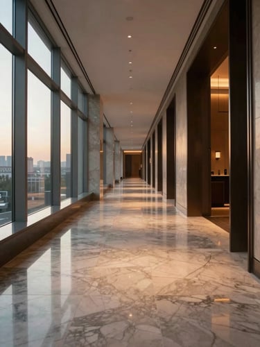 Interior corridor of a premium hotel shot at dawn from a low angle, soft north light filtering through tall windows onto polished marble floors, empty hallway receding to a vanishing point, architectural lines sharp, warm ambient glow, no people