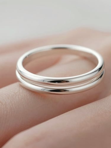 Close-up of three minimalist silver rings stacked on a model's finger, soft diffused daylight, elegant and clean composition