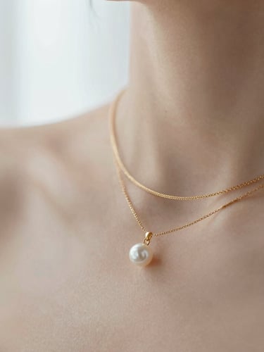 Macro close-up of delicate gold necklaces layered on a collarbone, soft diffused morning window light, warm minimalist aesthetic.