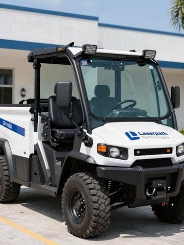 A heavy-duty utility locating vehicle with clean Laserpath Technologies branding parked outside the Oviedo office, bright Florida daylight, 35mm