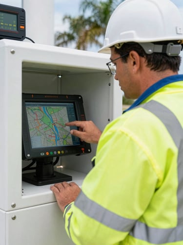 A professional utility locating technician in high-visibility safety gear analyzing a digital mapping screen on-site in bright Florida daylight, 35mm