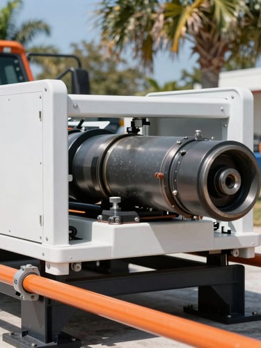 Industrial directional boring rig operating in bright Florida daylight, sharp focus on clean heavy machinery and safety orange guides, 35mm
