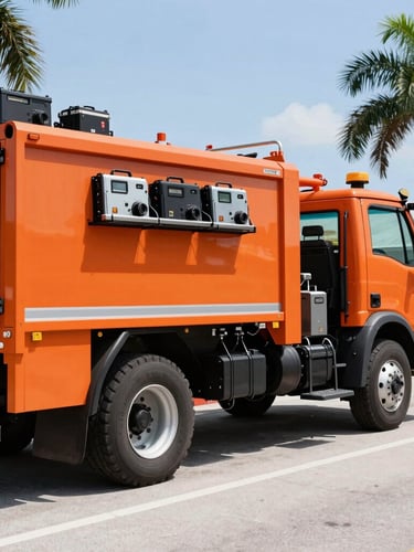 A clean, heavy-duty orange utility locating truck parked on a Florida street under bright daylight, technical gear visible, professional and highly organized setup, 35mm.
