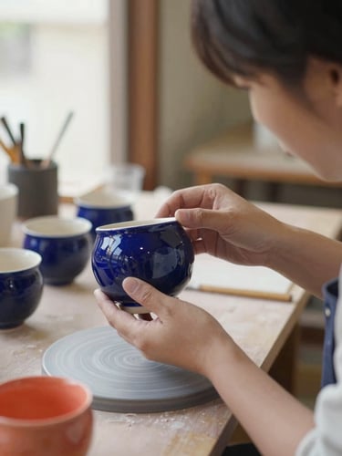 Artisan travel planner examining a piece of handmade ceramics in a quiet Kyoto workshop, soft daylight, intimate close-up, sharp focus, 35mm