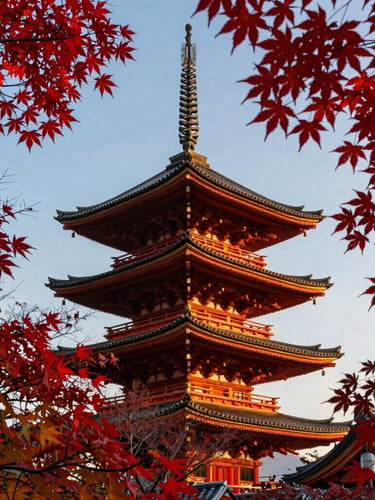 Vivid deep red maple leaves framing a traditional wooden pagoda in Kyoto, rich golden hour light, high contrast editorial photography, 35mm