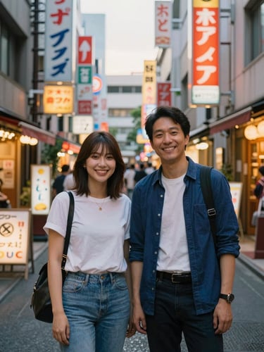Bilingual Japan travel planner smiling in a vibrant Tokyo alleyway at golden hour, neon signs beginning to glow, environmental portrait, sharp focus, 35mm