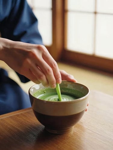 Intimate close-up of hands preparing matcha tea in a traditional Kyoto wooden room, soft golden hour light filtering through paper shoji screens, vibrant editorial style, 35mm
