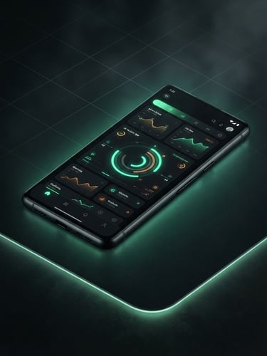 Isometric product render, moody low-key studio lighting with vibrant neon green screen glow, a high-fidelity dark-mode Android device mockup showing a sleek active app interface, dark background with subtle vector grid lines