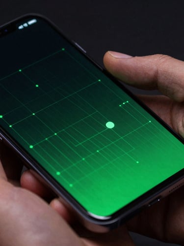 Macro close-up of physical hands holding a modern Android phone showing a high-contrast dark mode UI with neon green vector grid accents, vibrant screen glow casting onto fingers