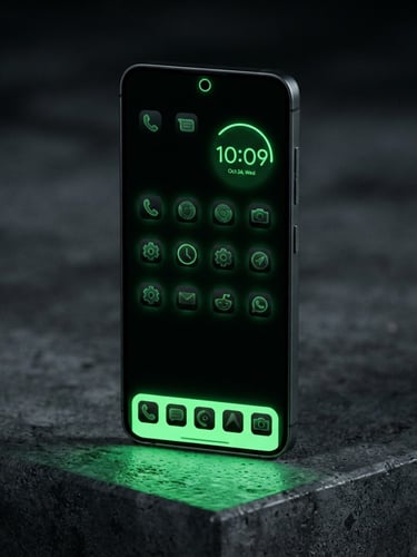 Sleek portrait product photography of a modern Android phone displaying the Apex launcher interface, vibrant neon green screen glow casting onto a dark concrete surface, moody studio lighting, macro lens detail.