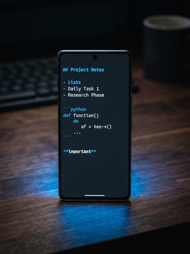 Sleek portrait mockup of an Android smartphone screen displaying a minimal markdown text editor, vibrant screen glow casting electric blue light onto a dark wooden desk, moody low-key studio lighting, sharp macro lens detail