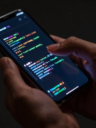 Sleek close-up, vibrant screen glow casting onto fingers, physical hands interacting with a modern Android phone displaying code-like vector graphics, dark-mode aesthetic, sharp macro lens detail
