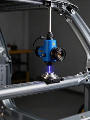 High-contrast macro shot of a car frame being measured by a blue laser scanner in a sterile, dark workshop