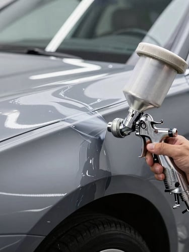 Macro shot of a spray gun applying premium clear coat onto a metallic grey car fender, sharp reflections of linear LED strip lights, clean room environment