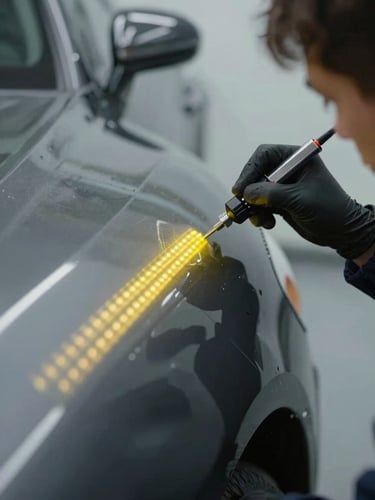 Close-up shot of a technician in a clean dark workshop using a specialized LED line board to reflect parallel yellow lines onto a curved car fender, highlighting a minor dent.