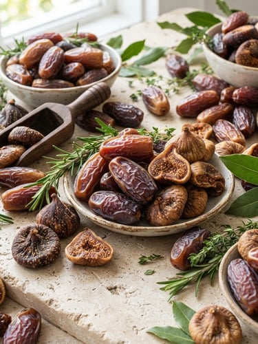 Crisp commercial photography of premium wholesale dried dates and figs arranged on a clean, light stone surface, bright natural daylight, rich earthy tones, sharp focus, 35mm lens.