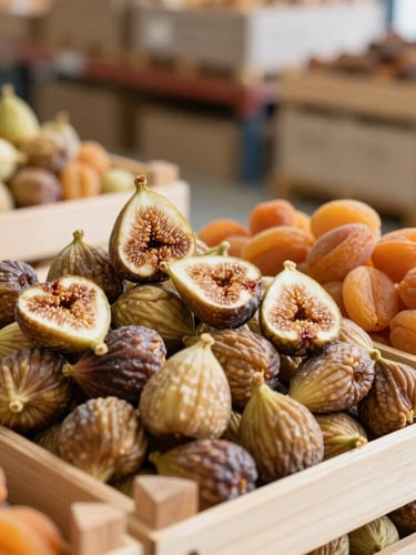 Crisp commercial photography of premium sun-dried figs and apricots stacked in clean wooden crates inside a bright, modern wholesale warehouse, natural side lighting.