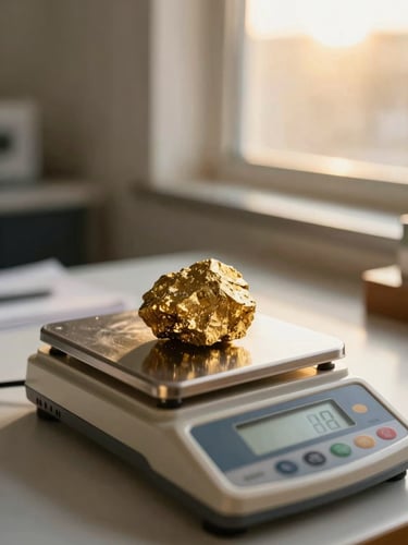 Close-up of raw gold ore being carefully weighed on a professional digital scale in a clean, secure office environment, warm golden-hour light streaming from a window, shallow depth of field