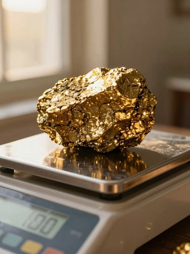 Close-up of raw gold ore being weighed on a high-precision digital scale, warm golden-hour light filtering through a window, shallow depth of field