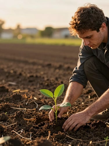 Wide environmental portrait of a local environmental engineer examining a young green sapling planted in dark soil, natural golden-hour sunlight, rich dark tones with gold accents, shallow depth of field.